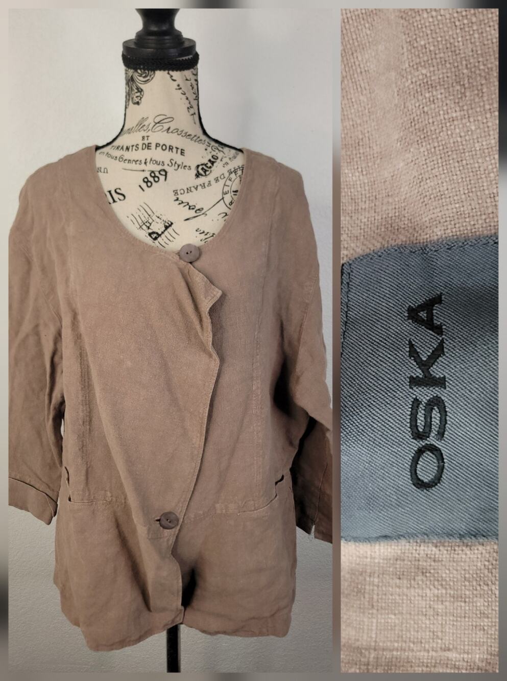 OSKA Linen Jacket Womens Sz 4 Button-Front Brown Coastal Lagenlook Capsule